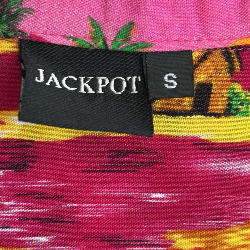 Vintage Jackpot Hawaiian Shirt Men Small Pink Floral Tropical Luau Tiki Vacation